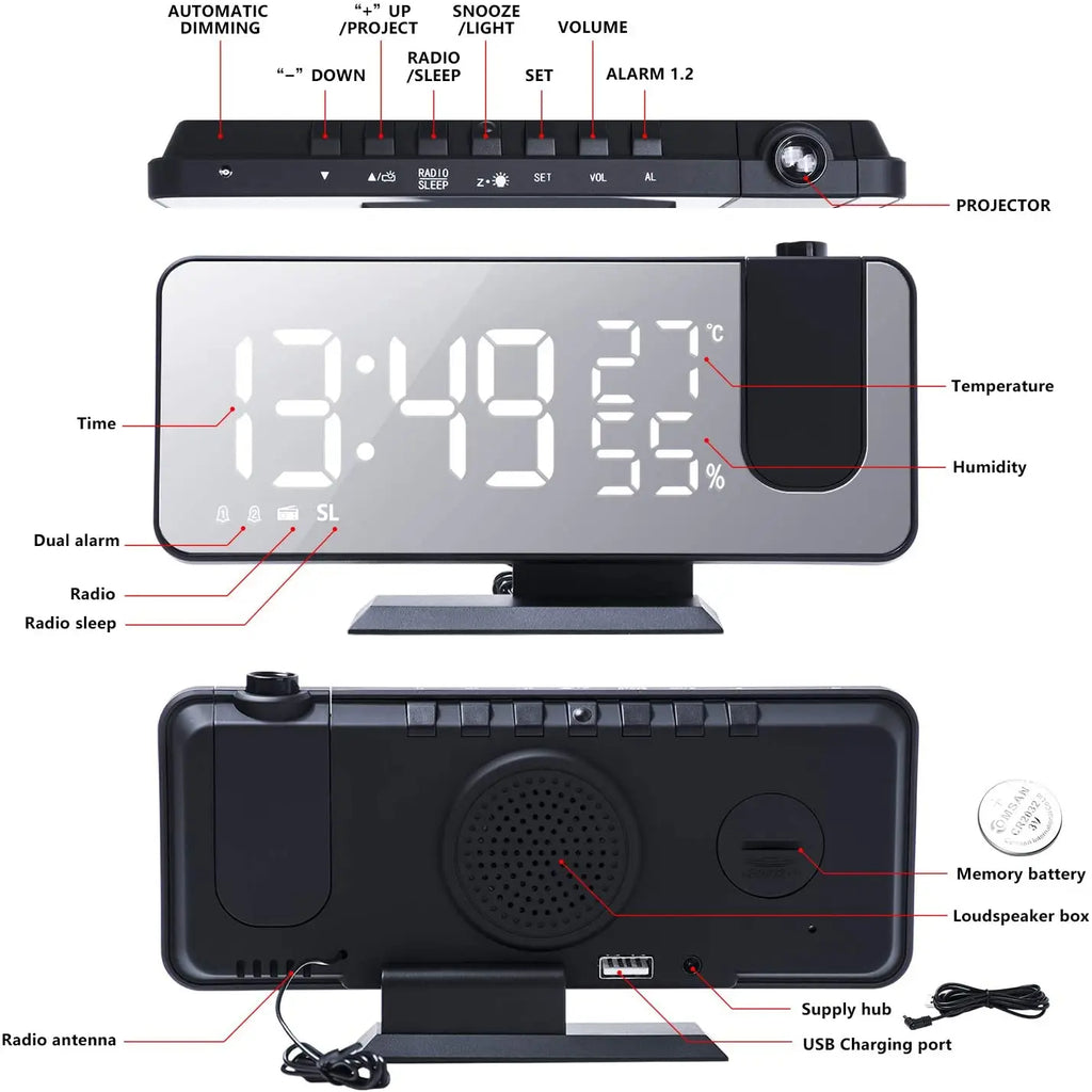 LED Projection Digital Alarm Clock with Phone Charger DC-THE CEO