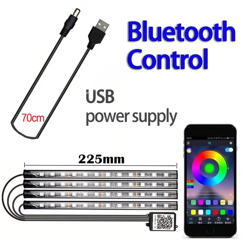 LED Car Music Light Strip 48LEDs USB Smart Bluetooth APP Control Waterproof Multi-color RGB Car Interior Atmosphere Light Strip